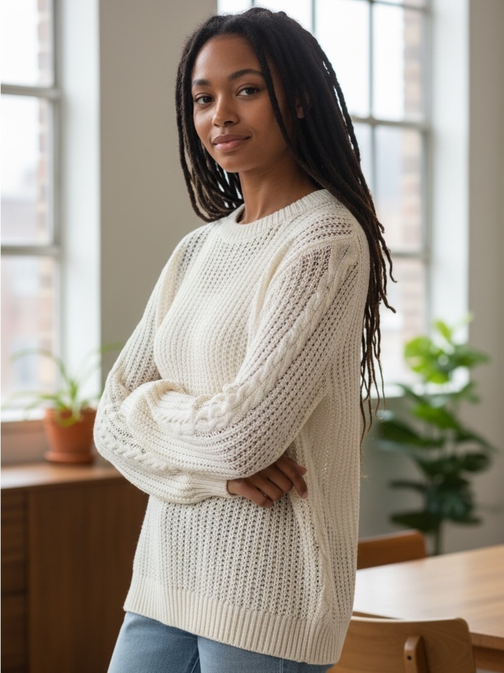 Nautica Women's Cream Cable Knit Sweater - Classic Cozy Style